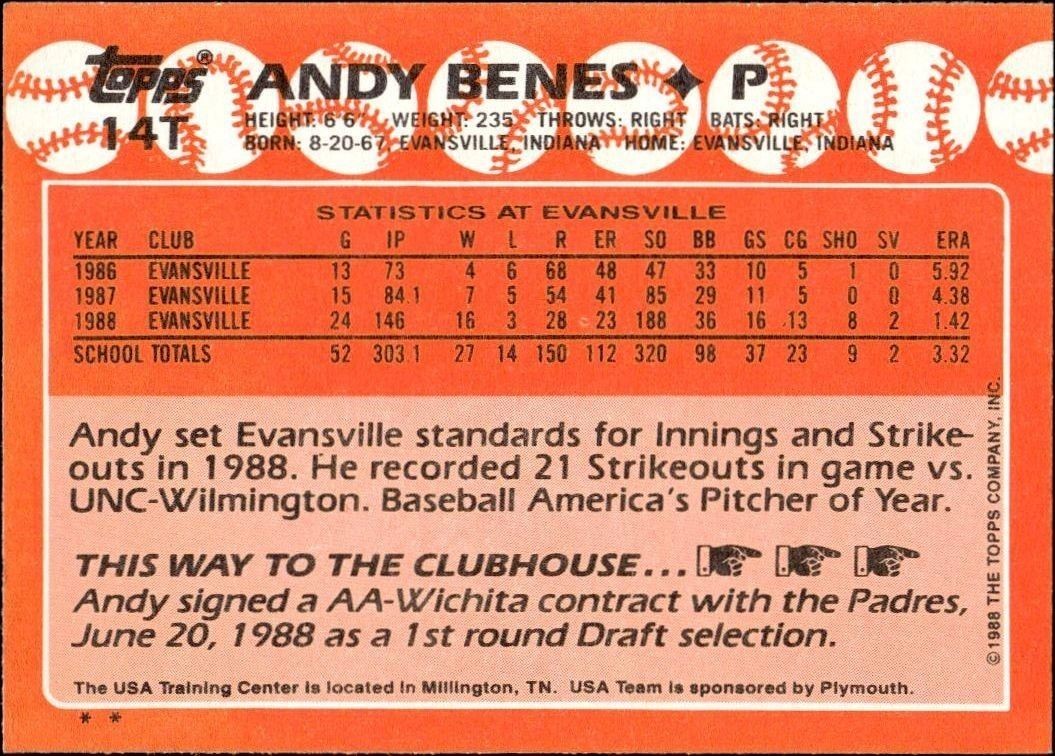 1988 Topps Traded Andy Benes #14T baseball trading card back