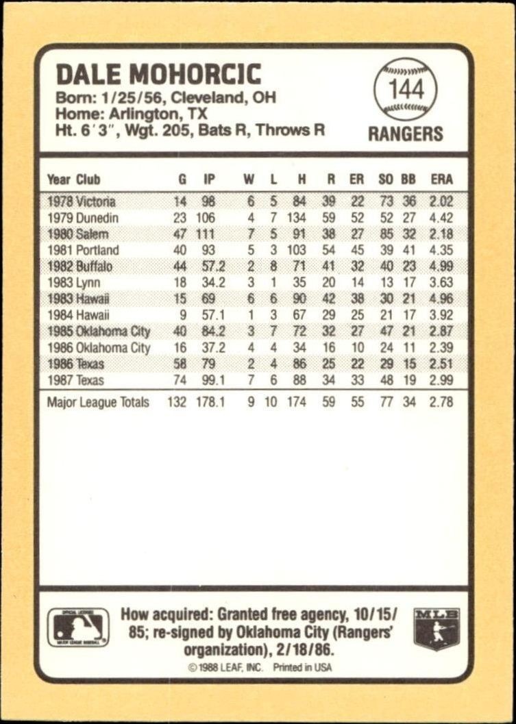 1988 Donruss Baseball's Best Dale Mohorcic #144 baseball trading card back