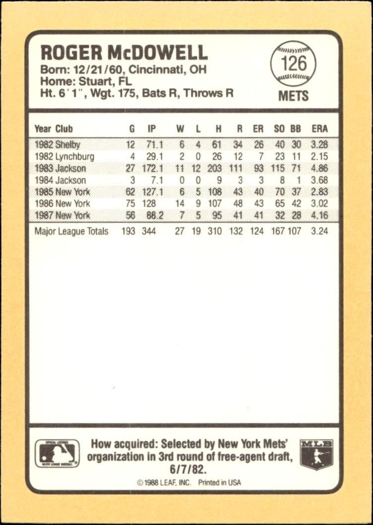 1988 Donruss Baseball's Best Roger McDowell #126 baseball trading card back