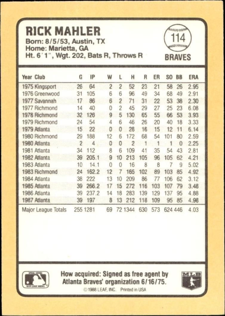 1988 Donruss Baseball's Best Rick Mahler #114 baseball trading card back