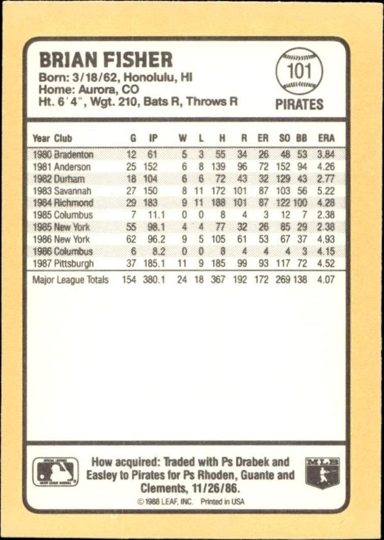 1988 Donruss Baseball's Best Brian Fisher #101 baseball trading card back