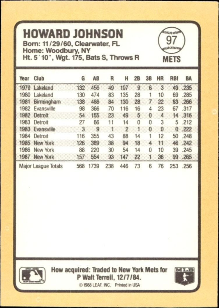 1988 Donruss Baseball's Best Howard Johnson #97 baseball trading card back
