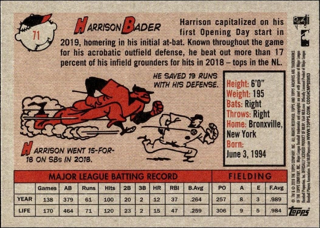 2019 Topps Archives Harrison Bader #71 baseball trading card back