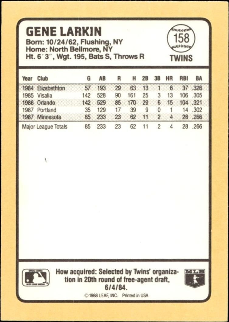 1988 Donruss Baseball's Best Gene Larkin #158 baseball trading card back