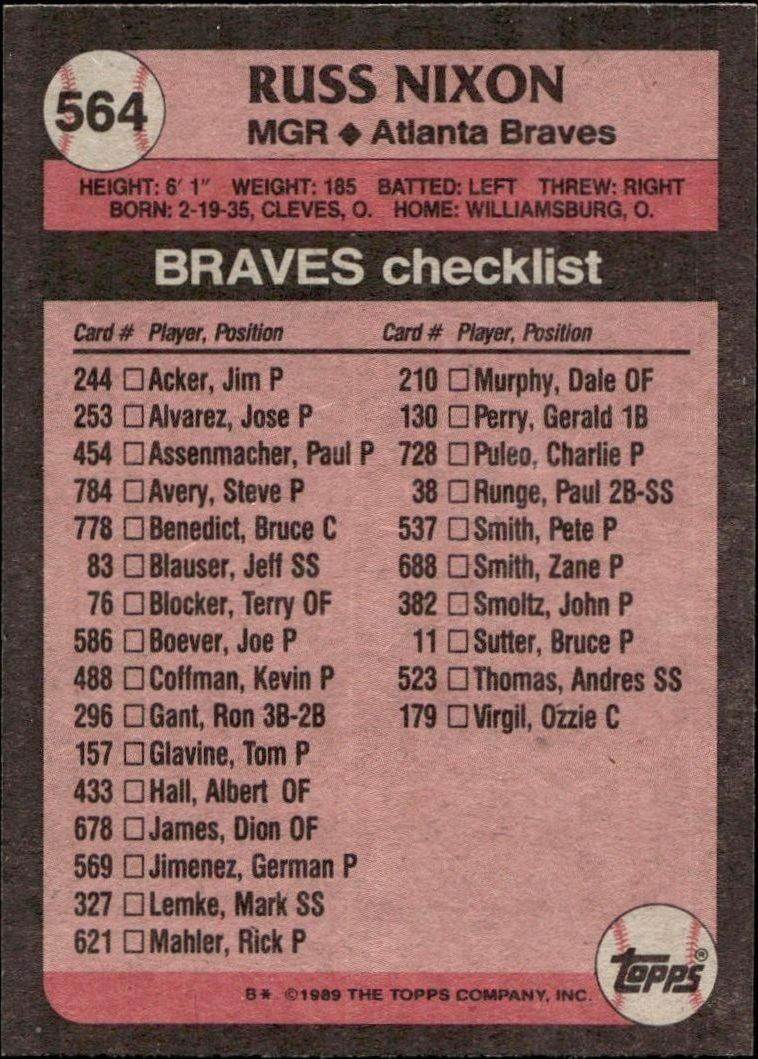 1989 Topps Russ Nixon #564 baseball trading card back