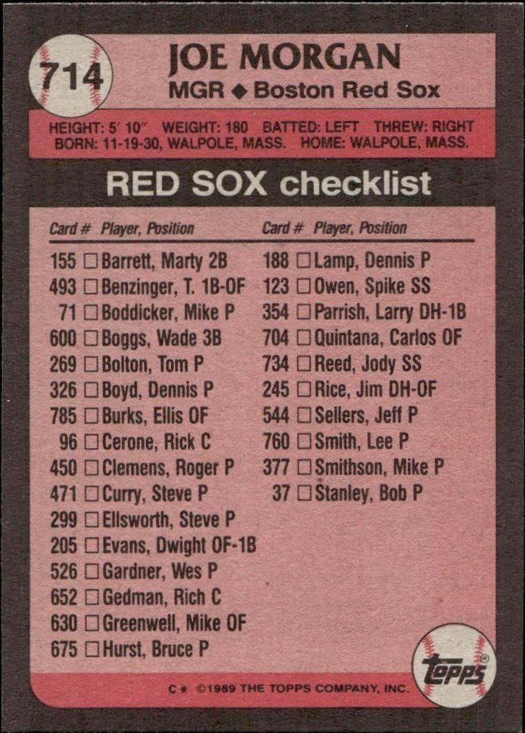 1989 Topps Joe Morgan #714 baseball trading card back