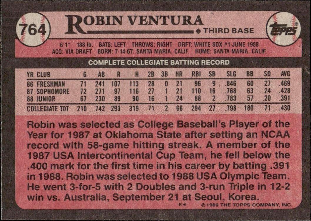 1989 Topps Robin Ventura #764 baseball trading card back