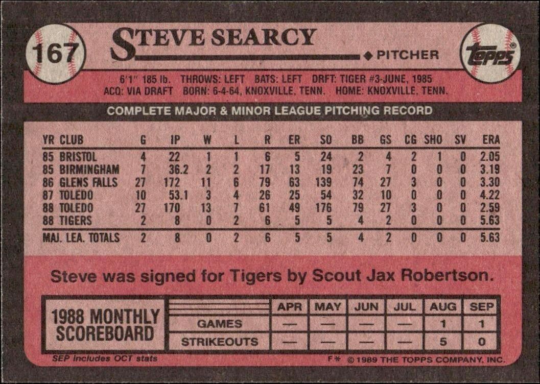 1989 Topps Steve Searcy #167 baseball trading card back