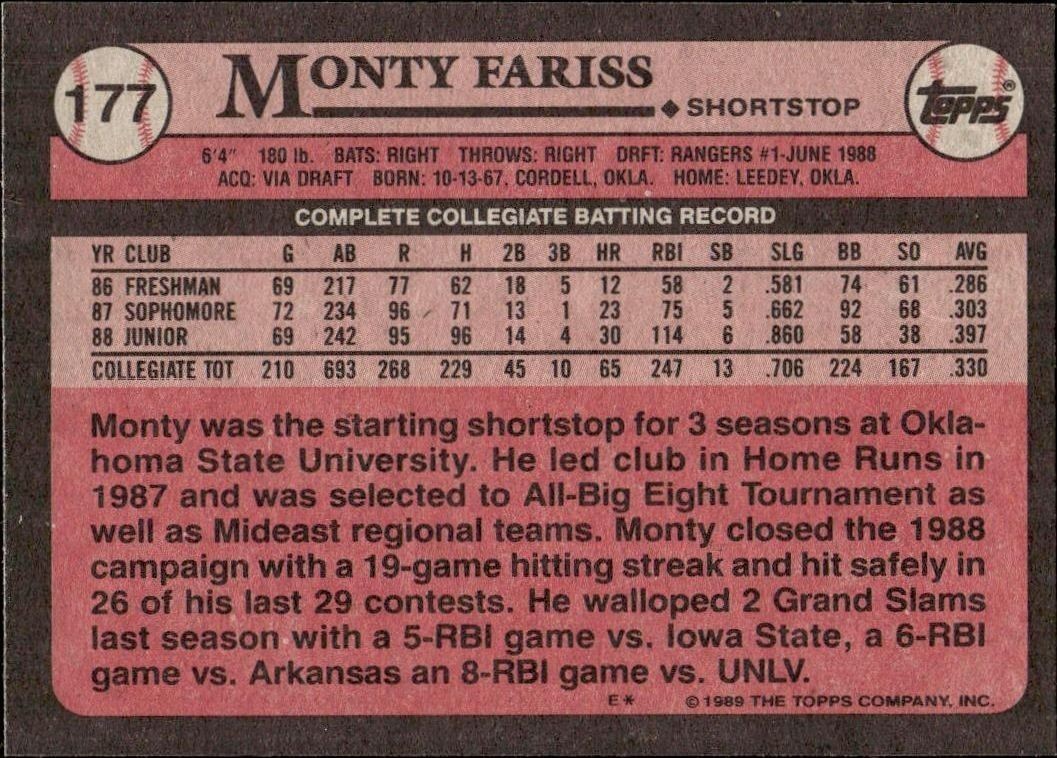 1989 Topps Monty Fariss #177 baseball trading card back