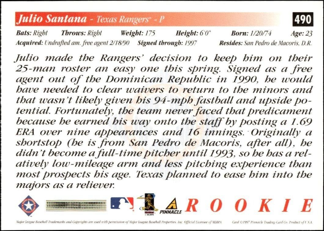 1997 Pinnacle Score Julio Santana #490 baseball trading card back