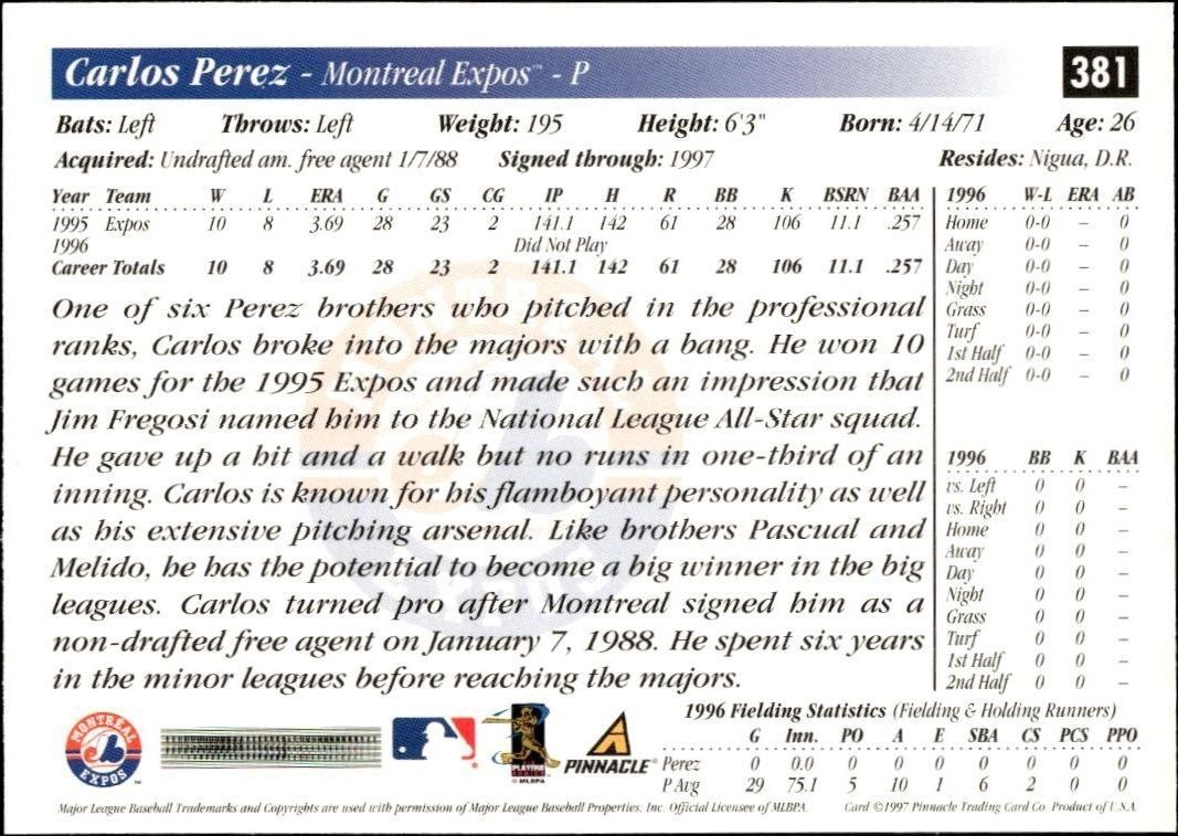 1997 Pinnacle Score Carlos Perez #HR381 baseball trading card back