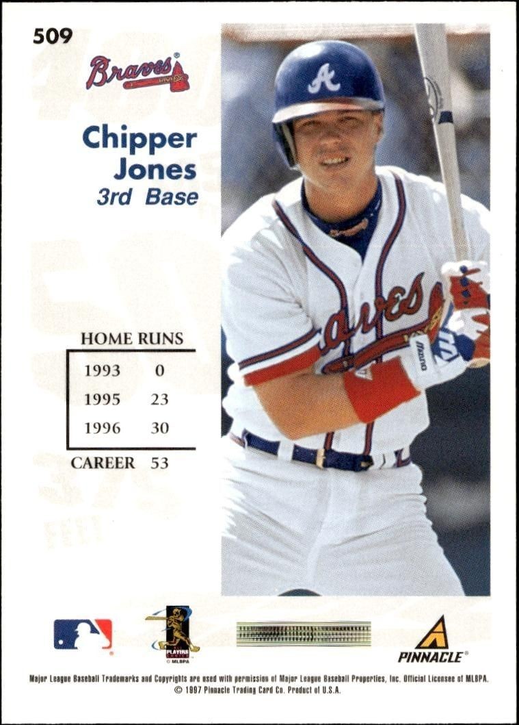 1997 Pinnacle Score Chipper Jones #HR509 baseball trading card back