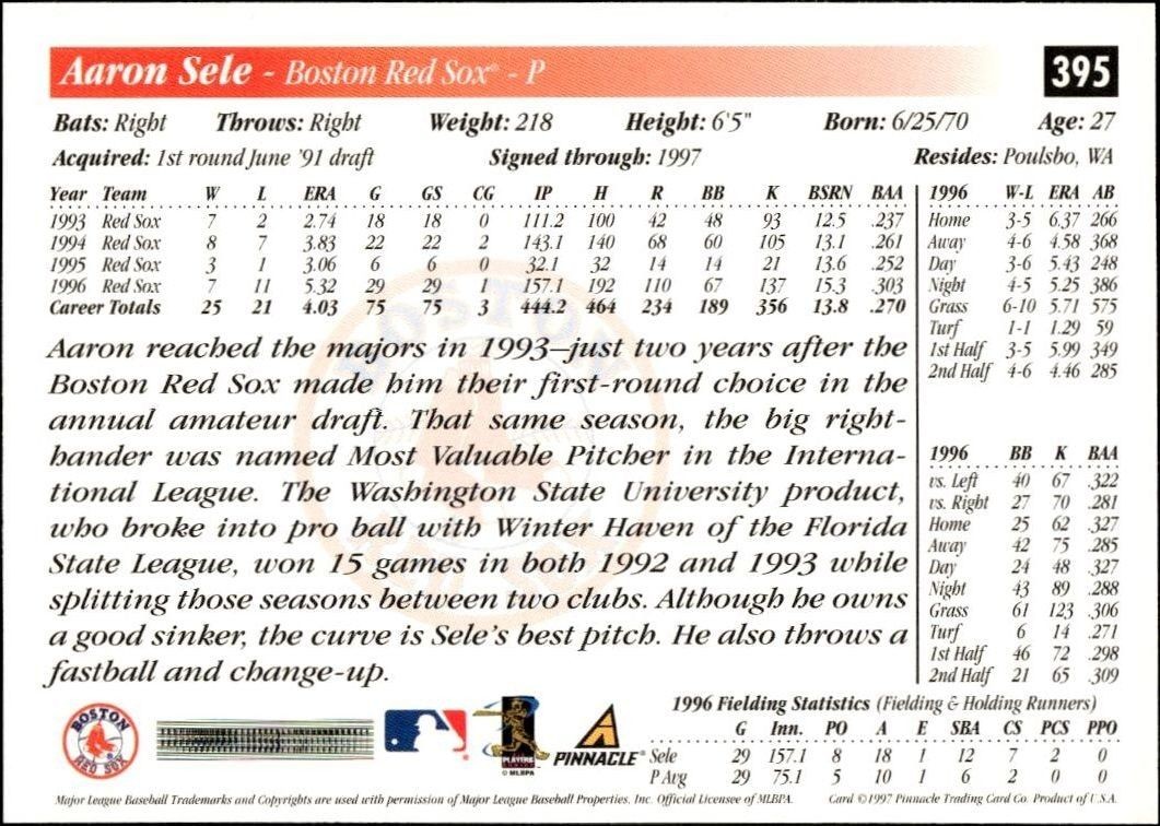 1997 Pinnacle Score Aaron Sele #395 baseball trading card back
