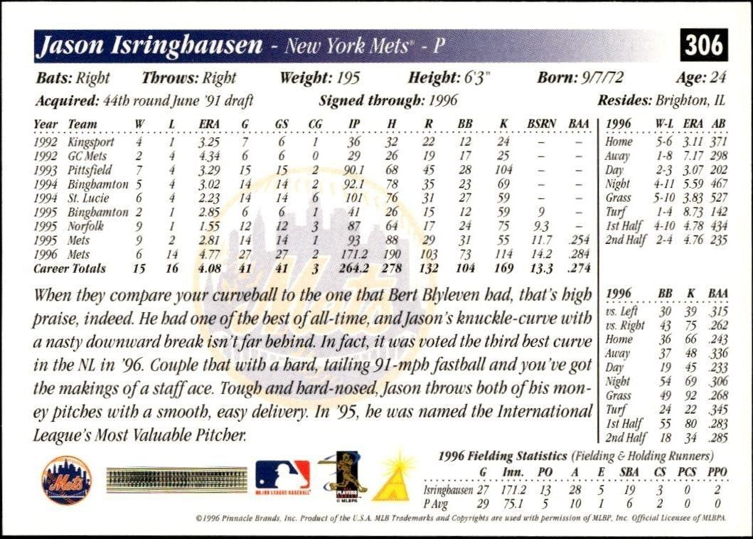 1997 Pinnacle Score Jason Isringhausen #306 baseball trading card back