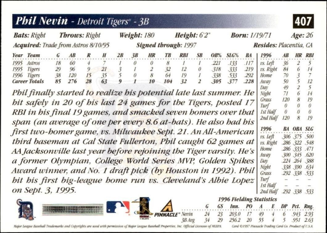 1997 Pinnacle Score Phil Nevin #407 baseball trading card back