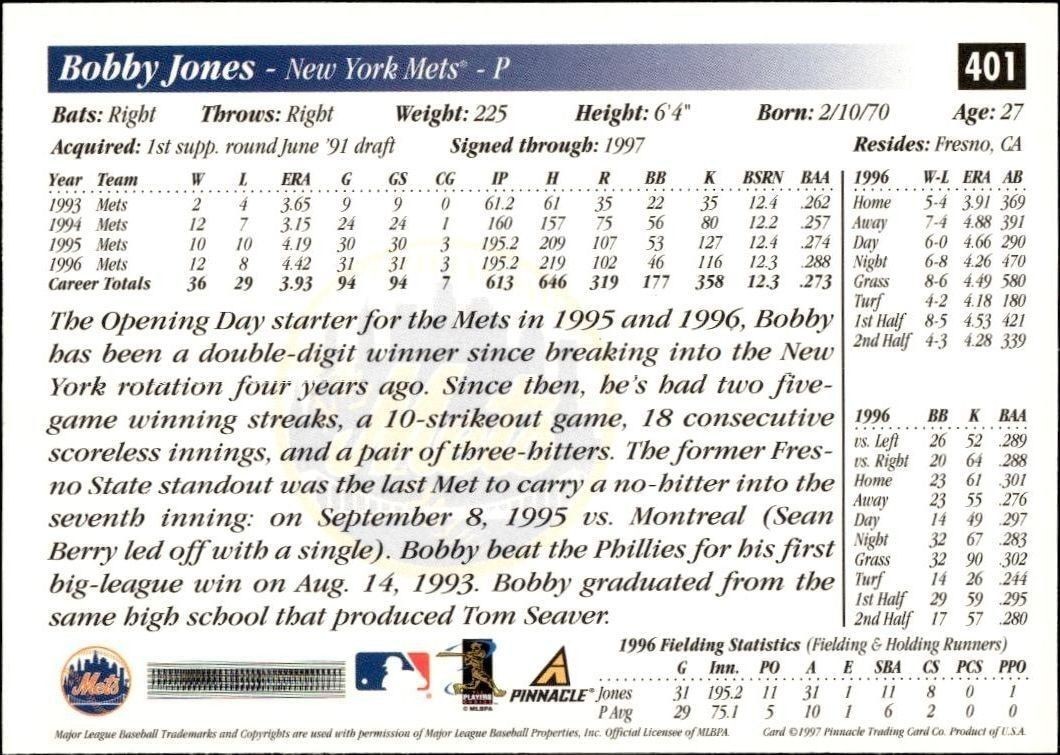 1997 Pinnacle Score Bobby Jones #401 baseball trading card back