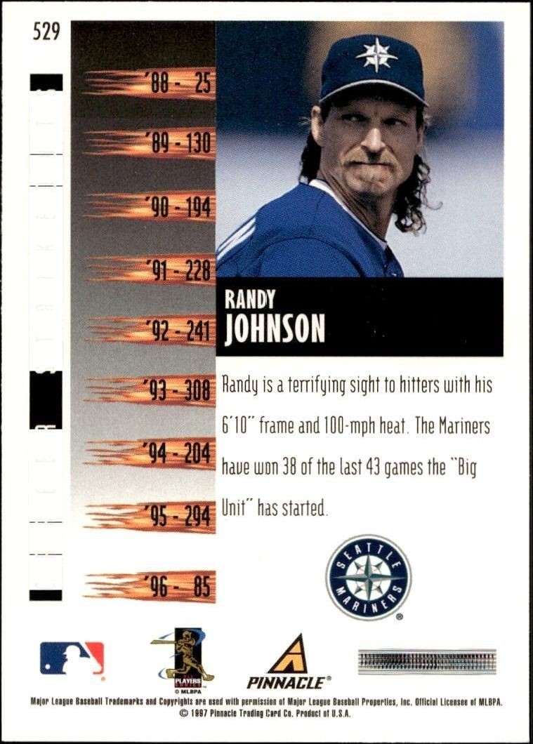 1997 Pinnacle Score Randy Johnson #529 baseball trading card back