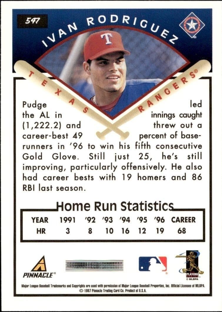 1997 Pinnacle Score Ivan Rodriguez #547 baseball trading card back