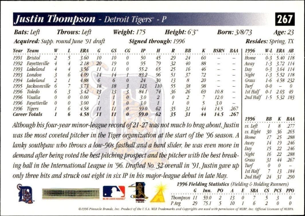 1997 Pinnacle Score Justin Thompson #267 baseball trading card back