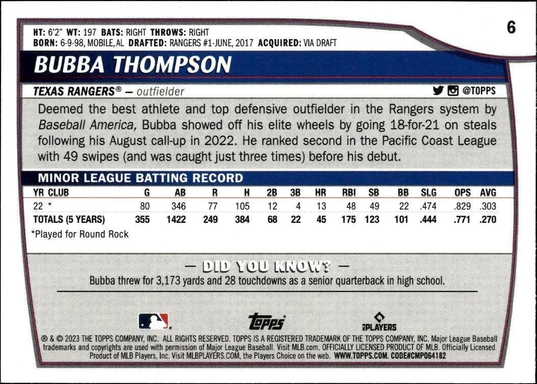 2023 Topps Big League Bubba Thompson #6 baseball trading card back