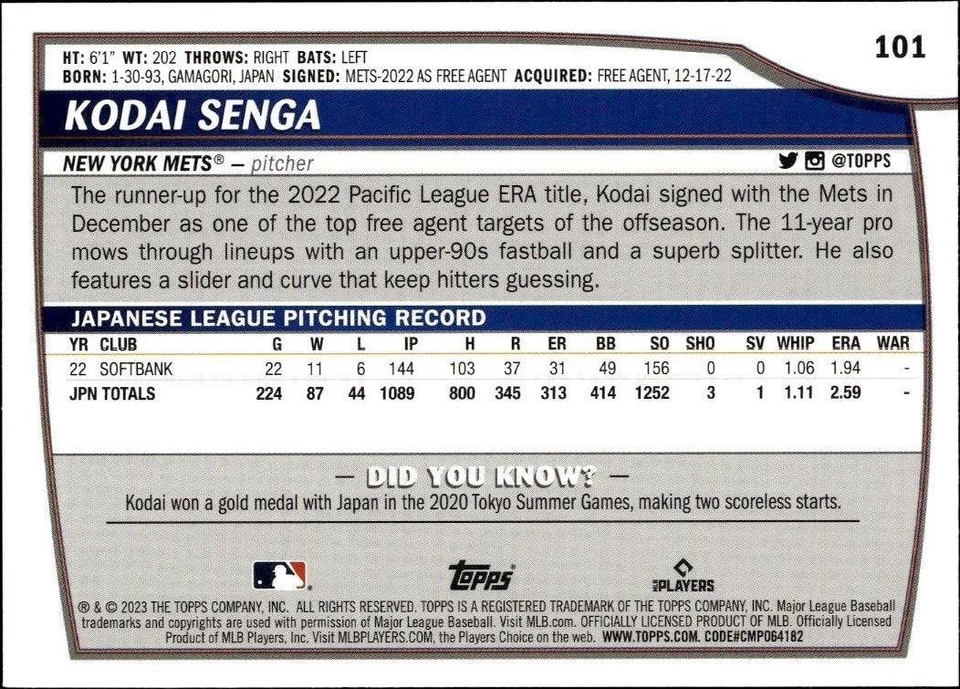 2023 Topps Big League Kodai Senga #101 baseball trading card back