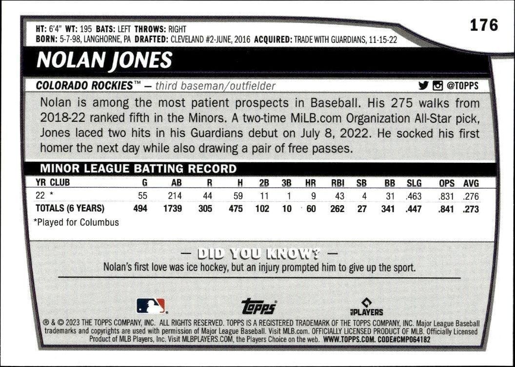 2023 Topps Big League Nolan Jones #176 baseball trading card back