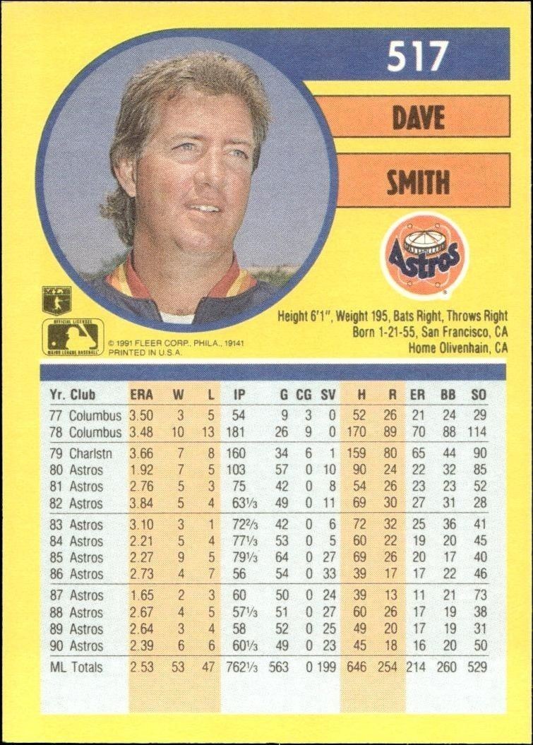 1991 Fleer Dave Smith #517 baseball trading card back