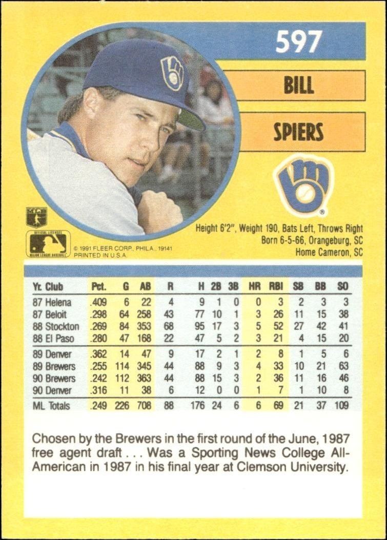 1991 Fleer Bill Spiers #597 baseball trading card back