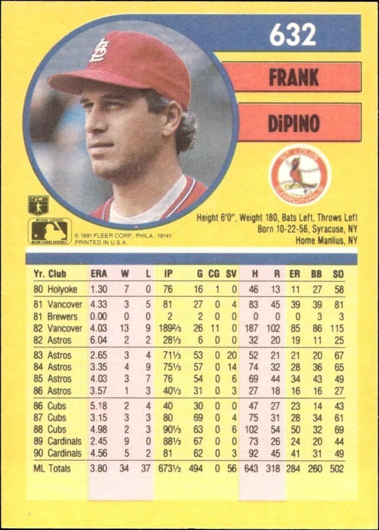1991 Fleer Frank DiPino #632 baseball trading card back