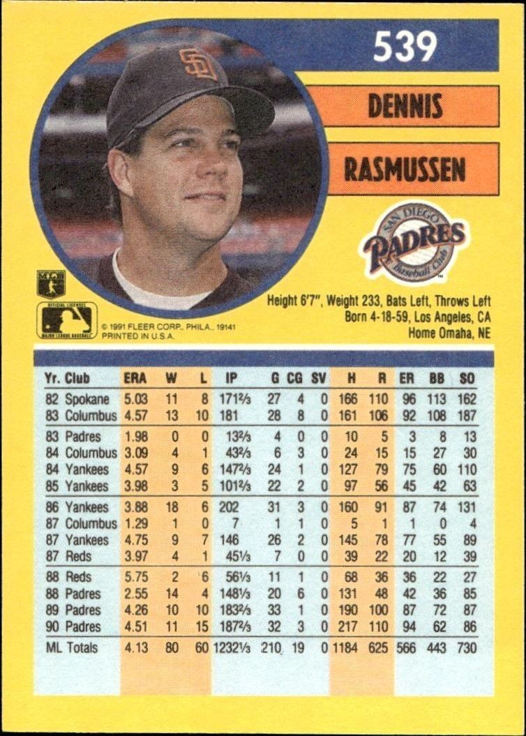 1991 Fleer Dennis Rasmussen #539 baseball trading card back