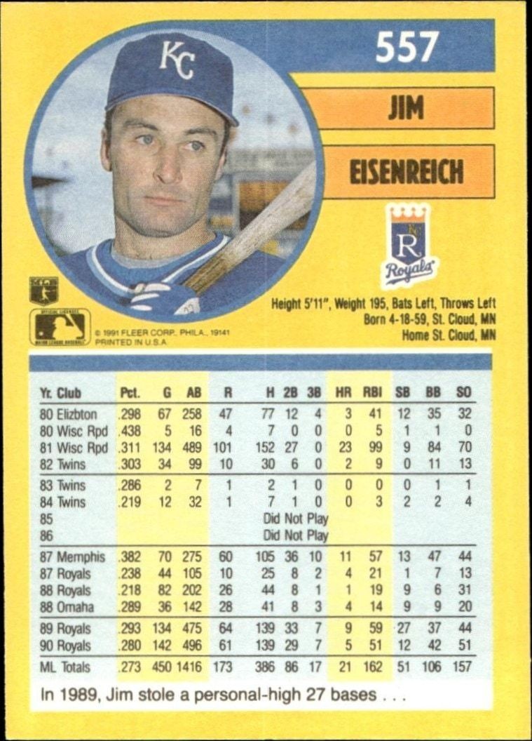1991 Fleer Jim Eisenreich #557 baseball trading card back