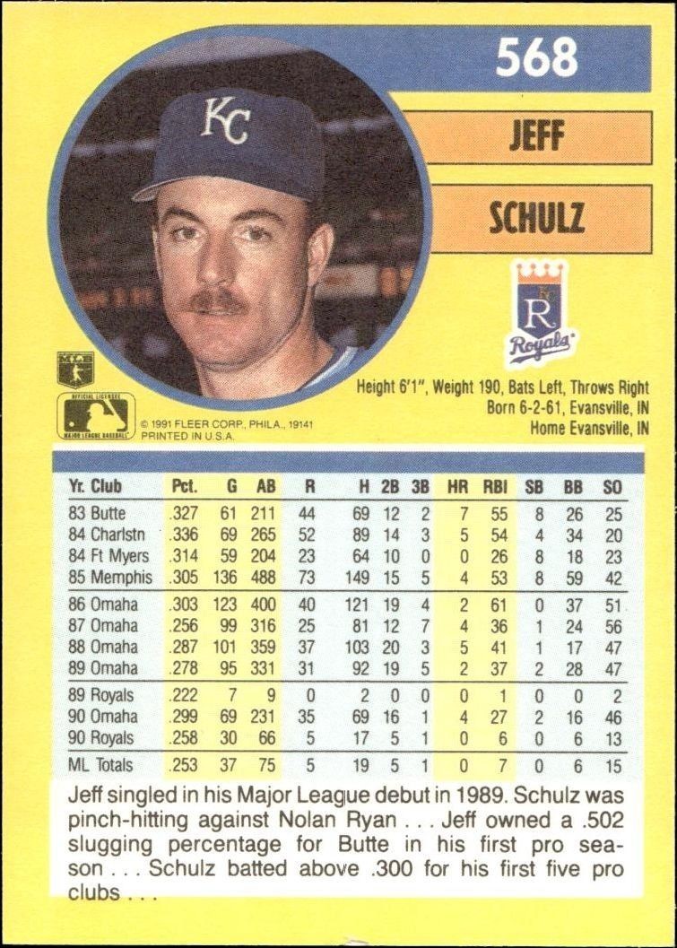 1991 Fleer Jeff Schulz #568 baseball trading card back