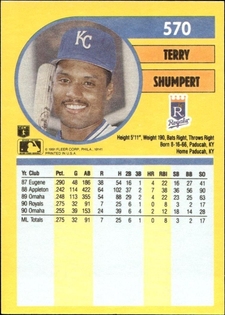 1991 Fleer Terry Shumpert #570 baseball trading card back
