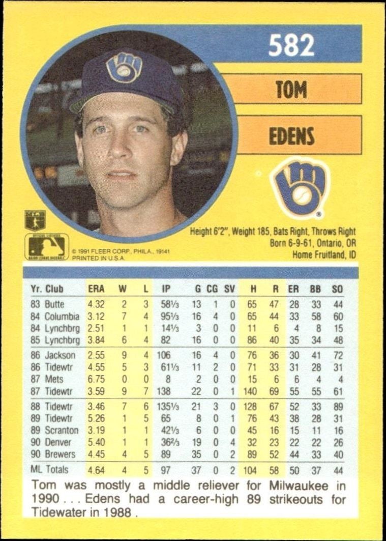 1991 Fleer Tom Edens #582 baseball trading card back
