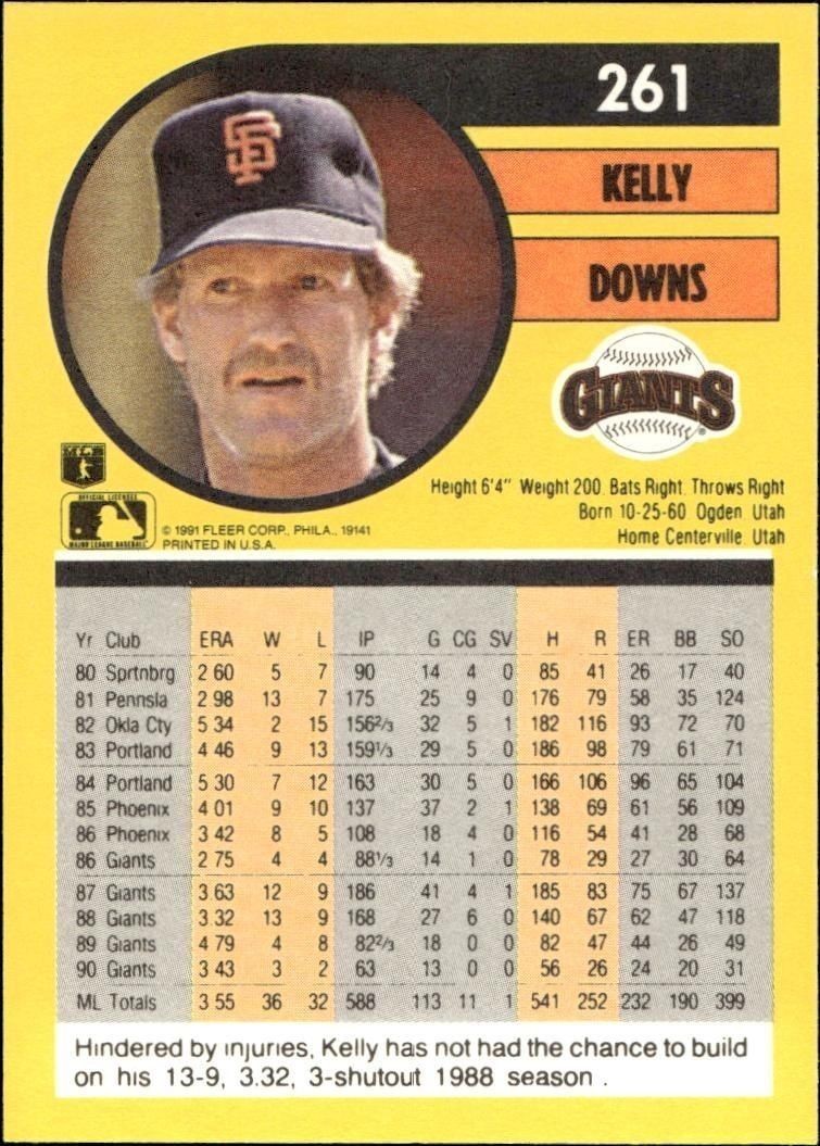 1991 Fleer Kelly Downs #261 baseball trading card back
