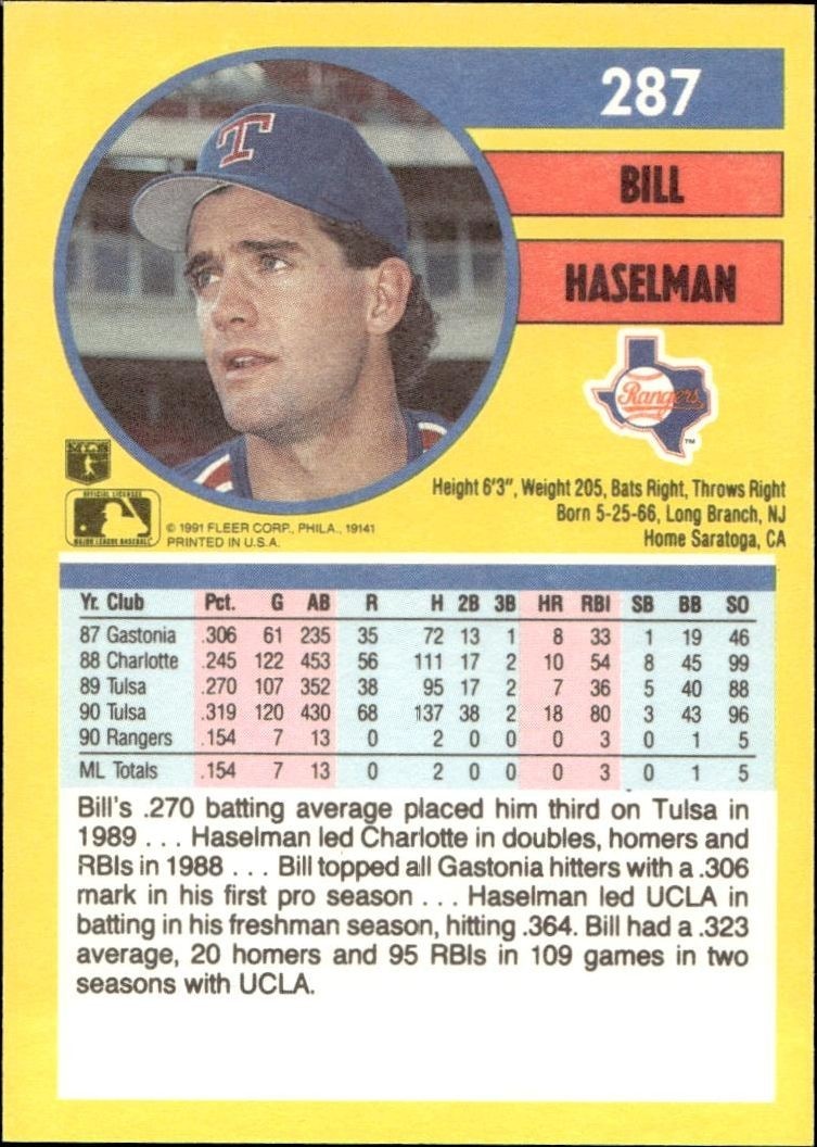 1991 Fleer Bill Haselman #287 baseball trading card back