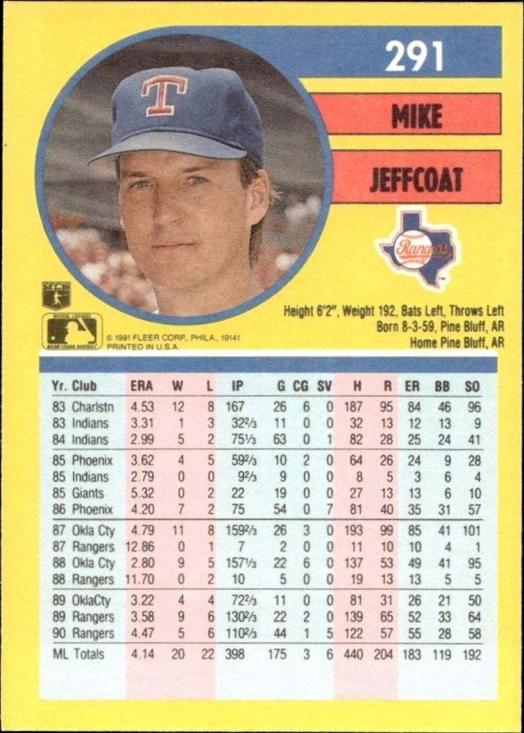 1991 Fleer Mike Jeffcoat #291 baseball trading card back