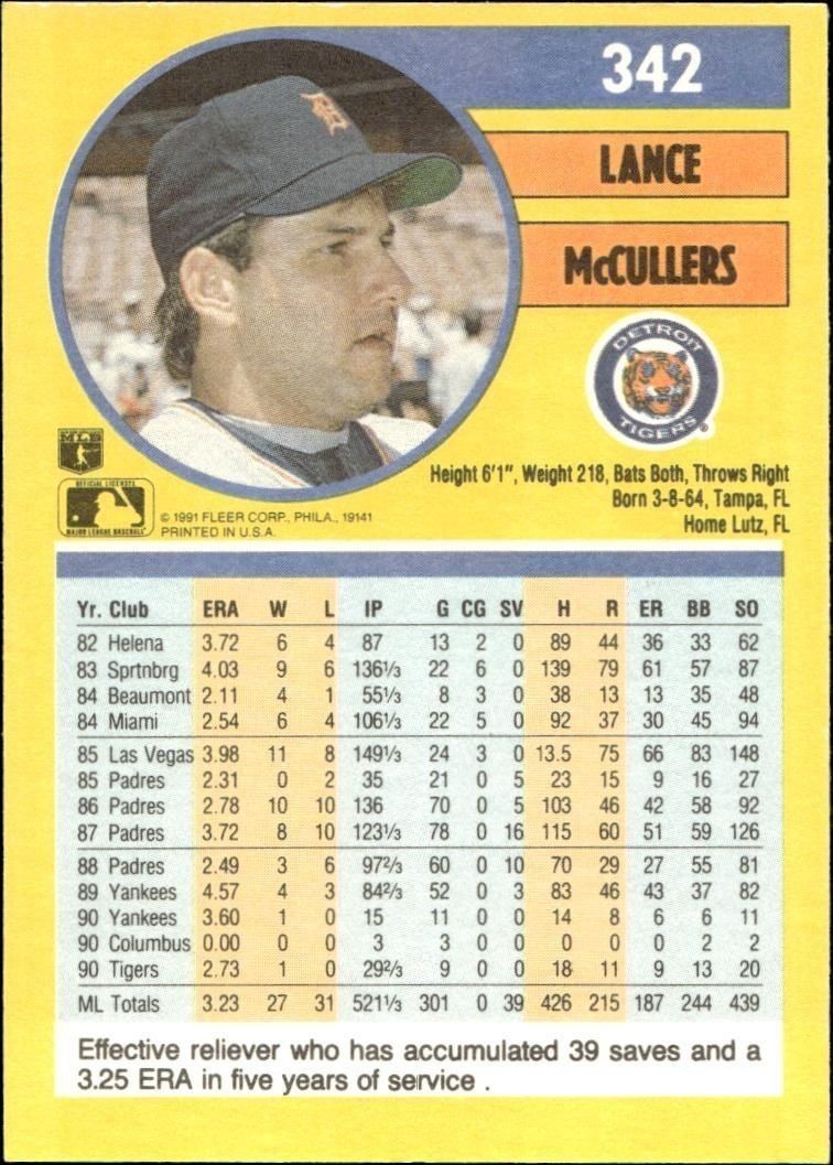 1991 Fleer Lance McCullers #342 baseball trading card back