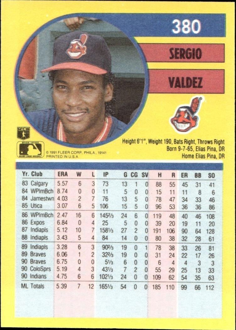 1991 Fleer Sergio Valdez #380 baseball trading card back