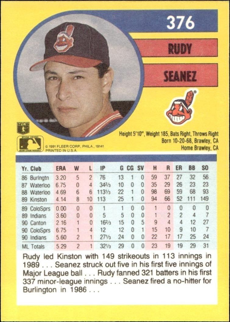 1991 Fleer Rudy Seanez #376 baseball trading card back