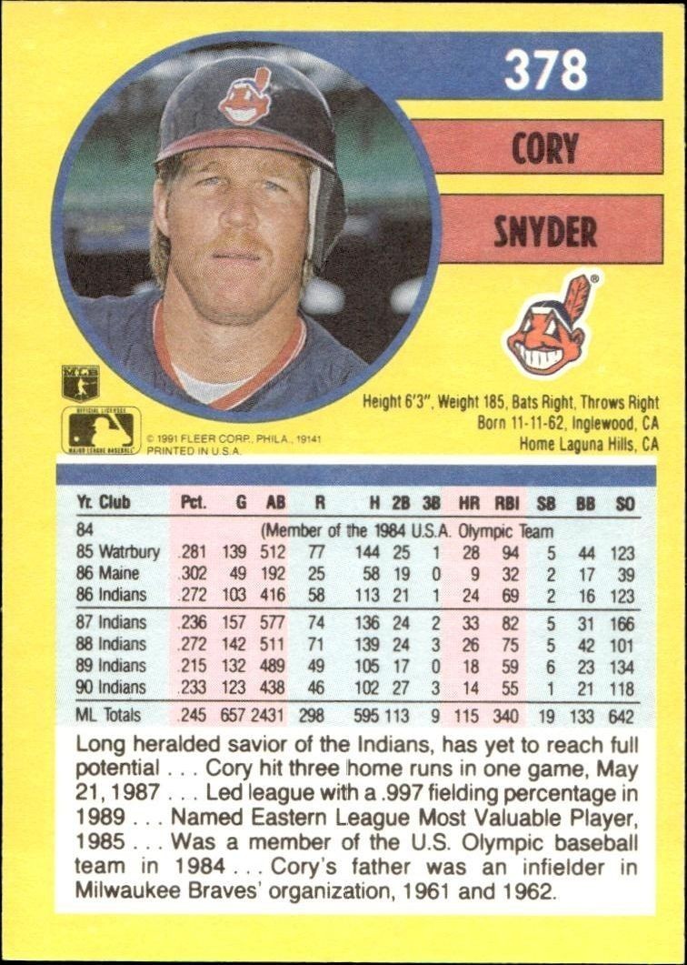 1991 Fleer Cory Snyder #378 baseball trading card back