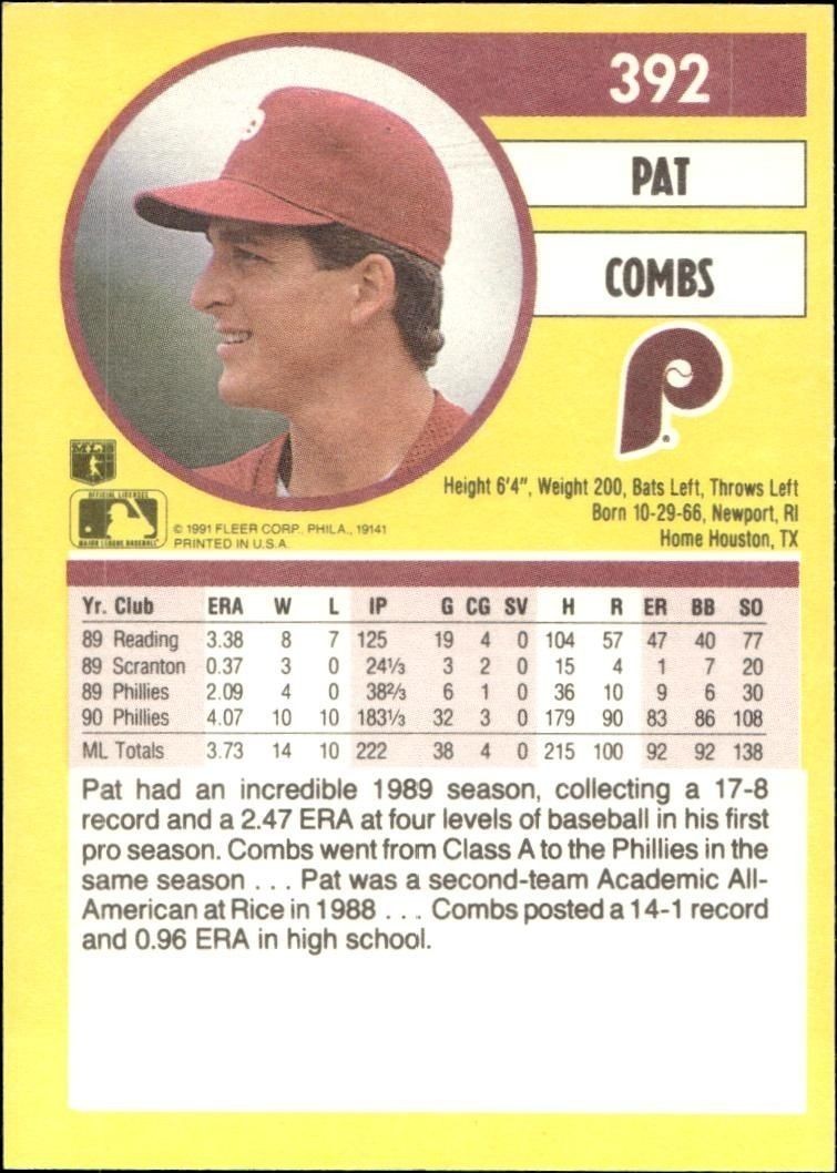 1991 Fleer Pat Combs #392 baseball trading card back