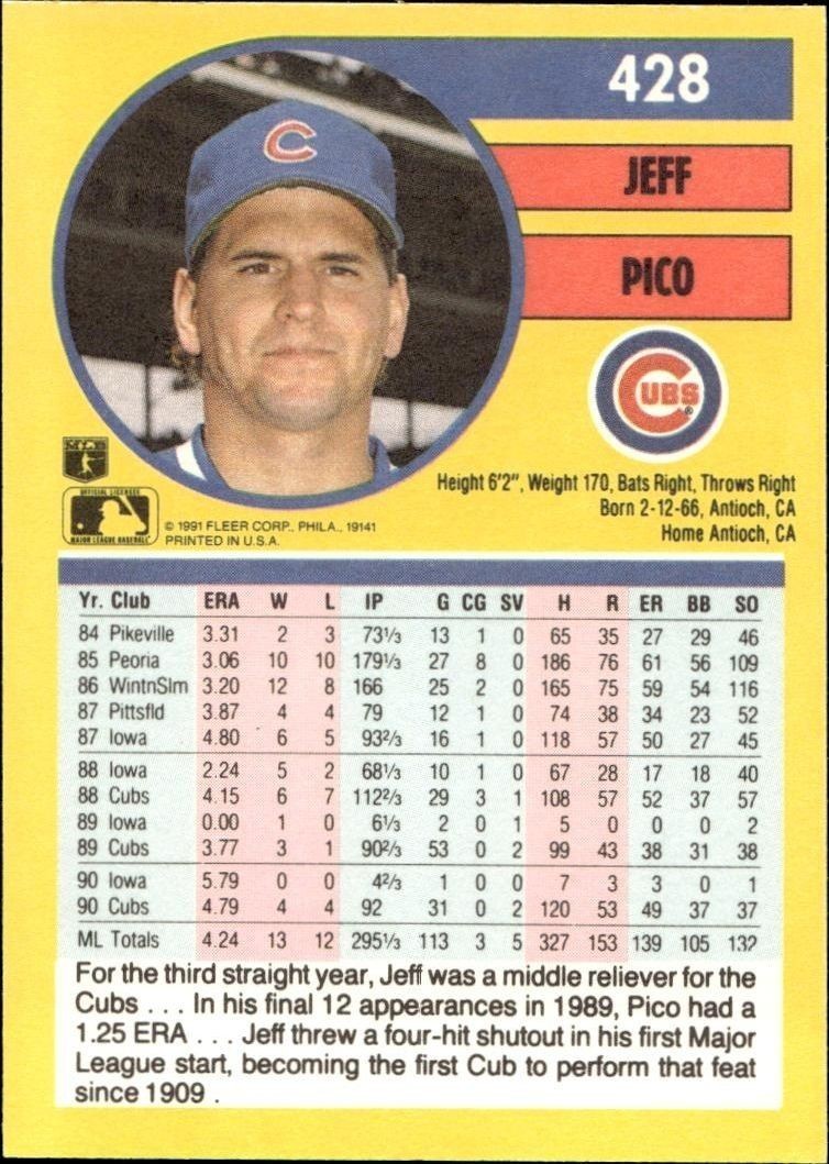 1991 Fleer Jeff Pico #428 baseball trading card back