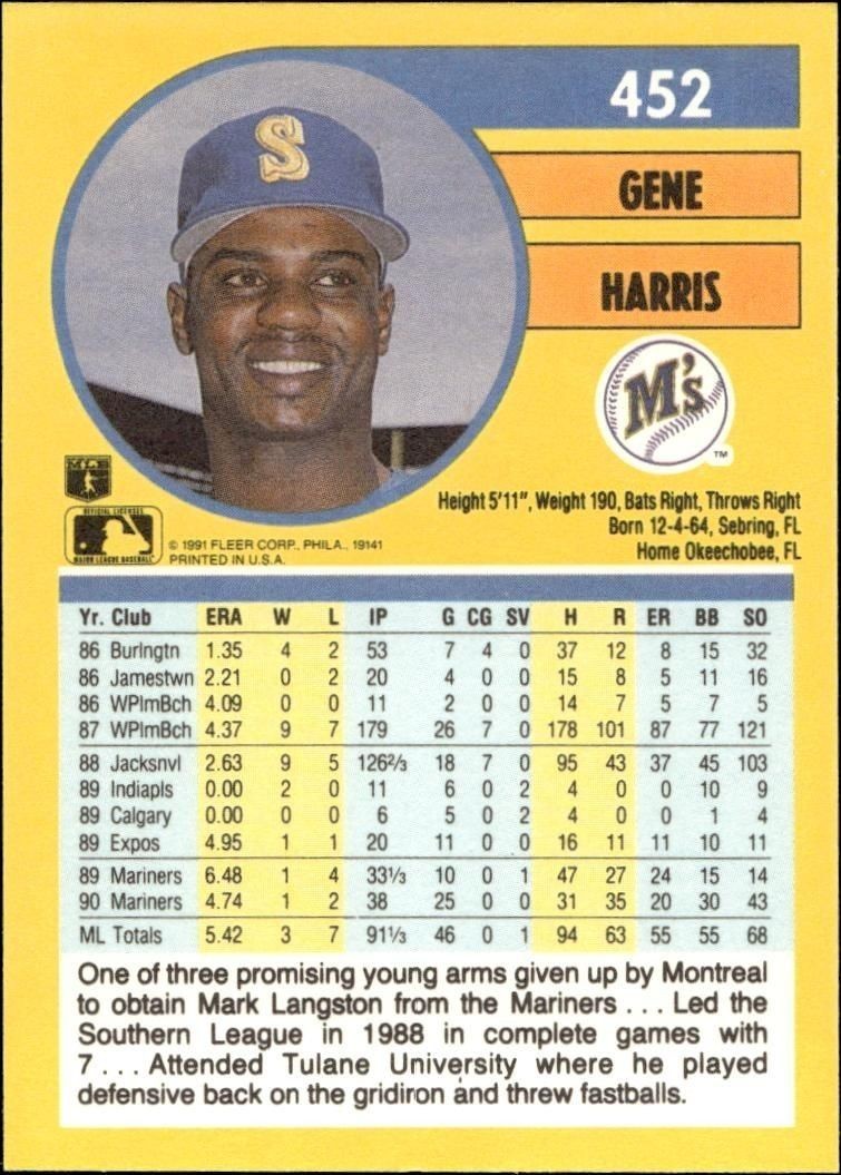 1991 Fleer Gene Harris #452 baseball trading card back