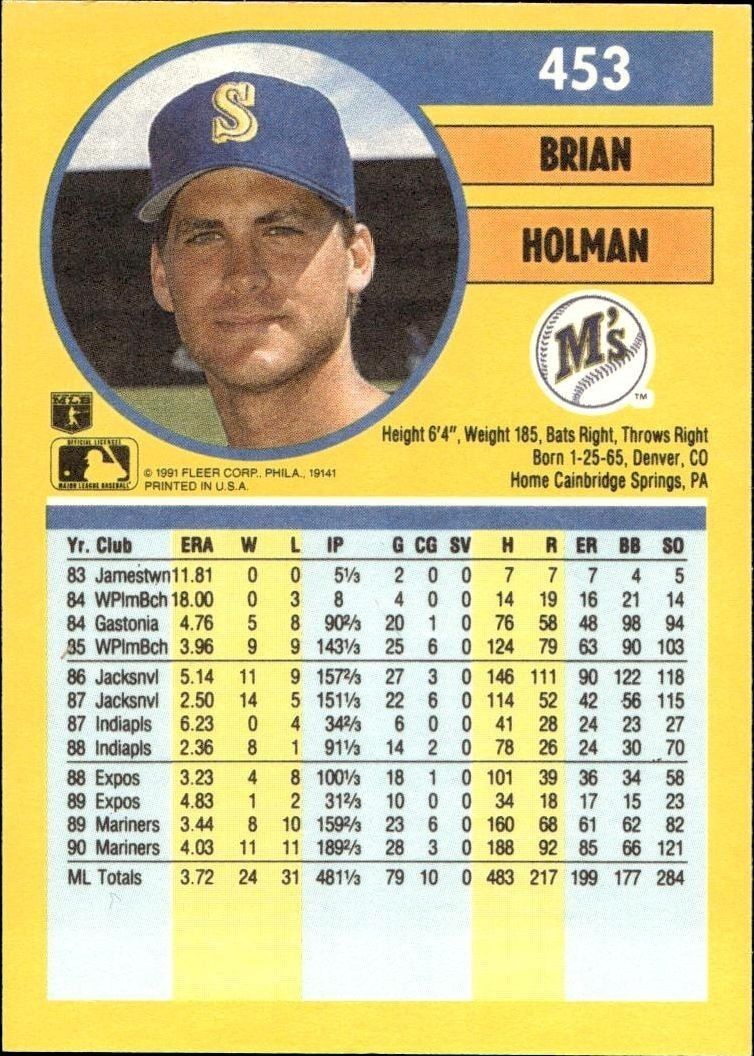 1991 Fleer Brian Holman #453 baseball trading card back
