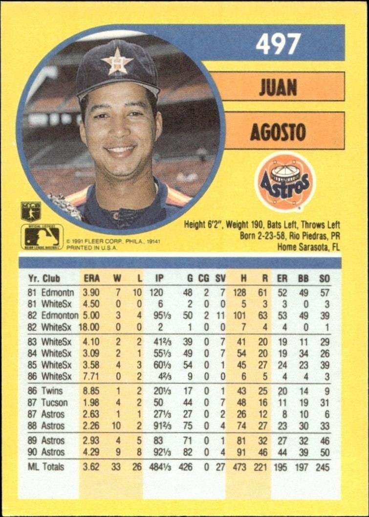 1991 Fleer Juan Agosto #497 baseball trading card back