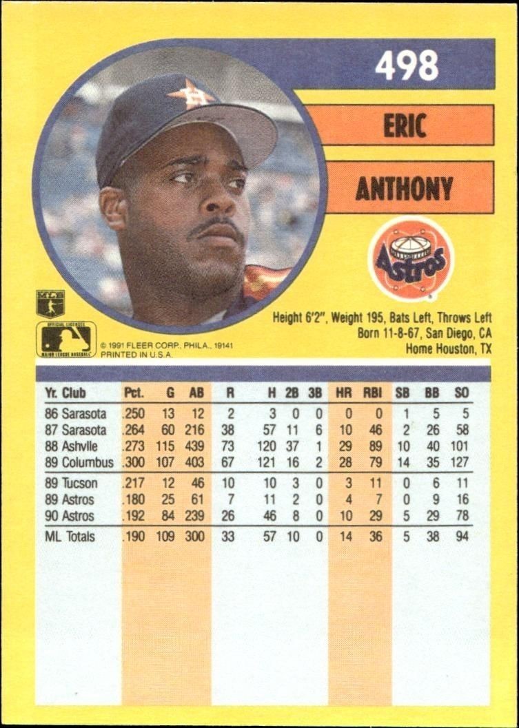 1991 Fleer Eric Anthony #498 baseball trading card back
