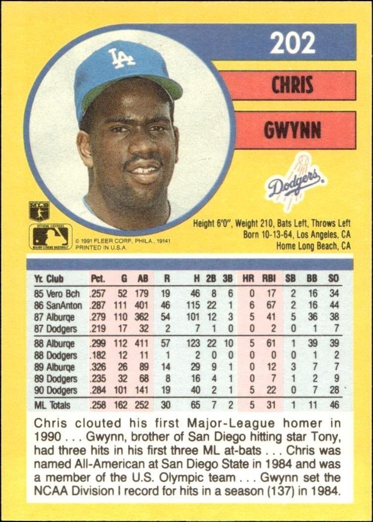 1991 Fleer Chris Gwynn #202 baseball trading card back