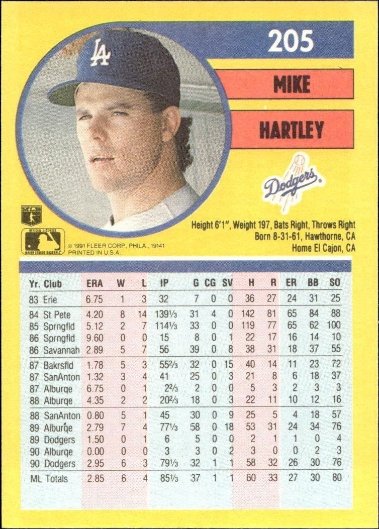 1991 Fleer Mike Hartley #205 baseball trading card back
