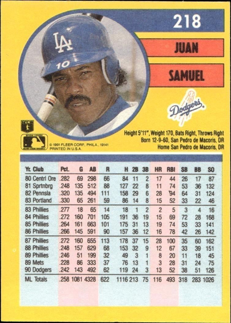 1991 Fleer Juan Samuel #218 baseball trading card back